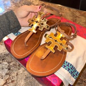 Tory Burch Royal Tan Gold Chandler Flat Sandal Leather - Size 10